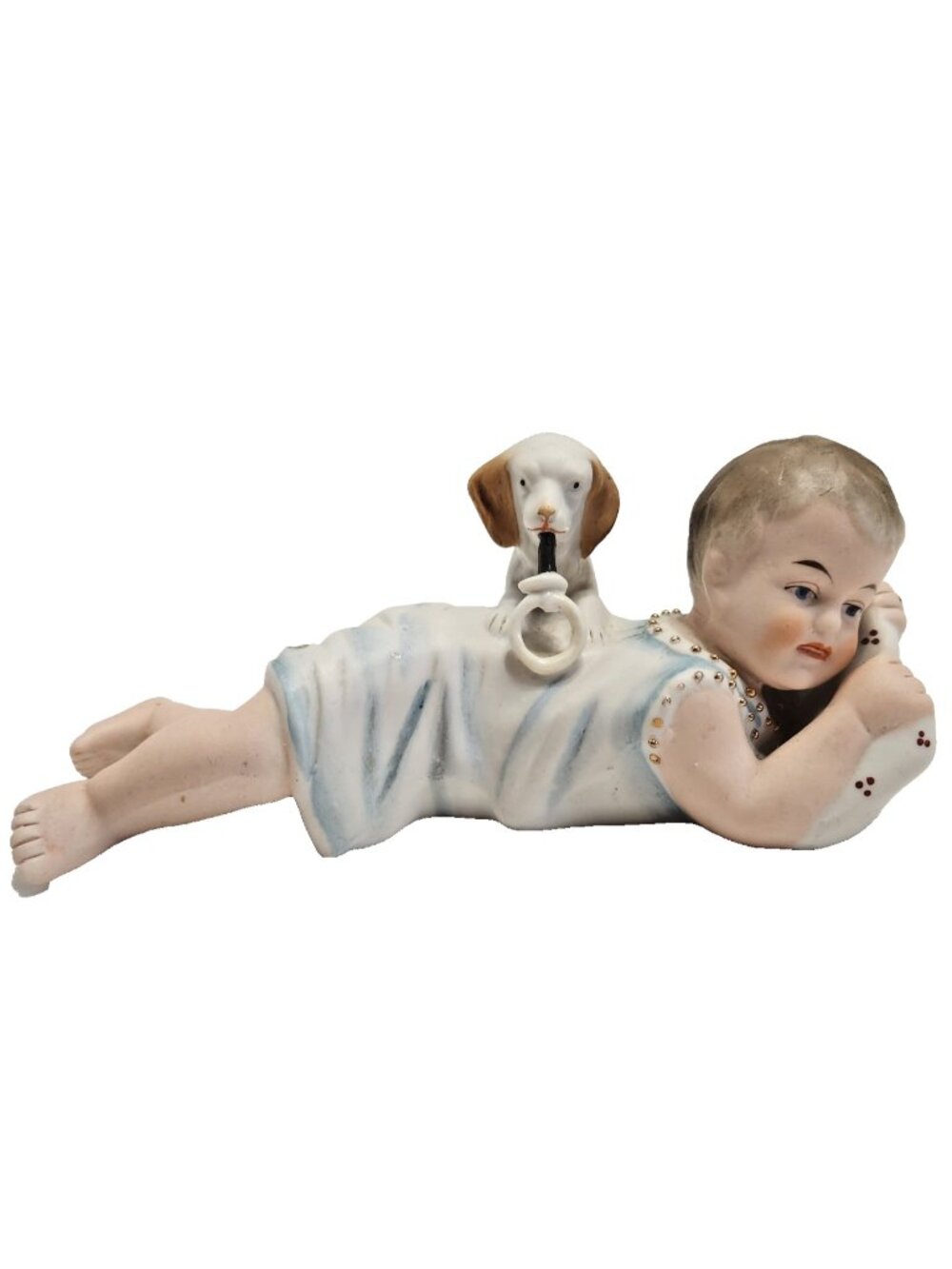 Antique Heubach Bisque Piano Baby with Dog & Pacifier German Figurine READ
